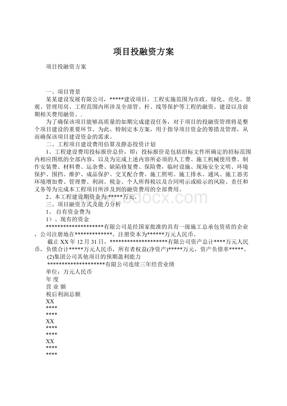 项目投融资方案Word格式.docx