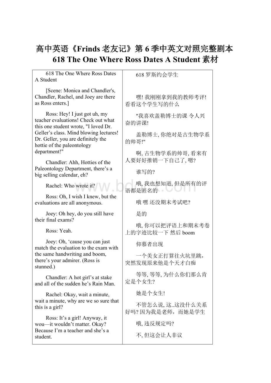 高中英语《Frinds老友记》第6季中英文对照完整剧本618 The One Where Ross Dates A Student素材.docx_第1页