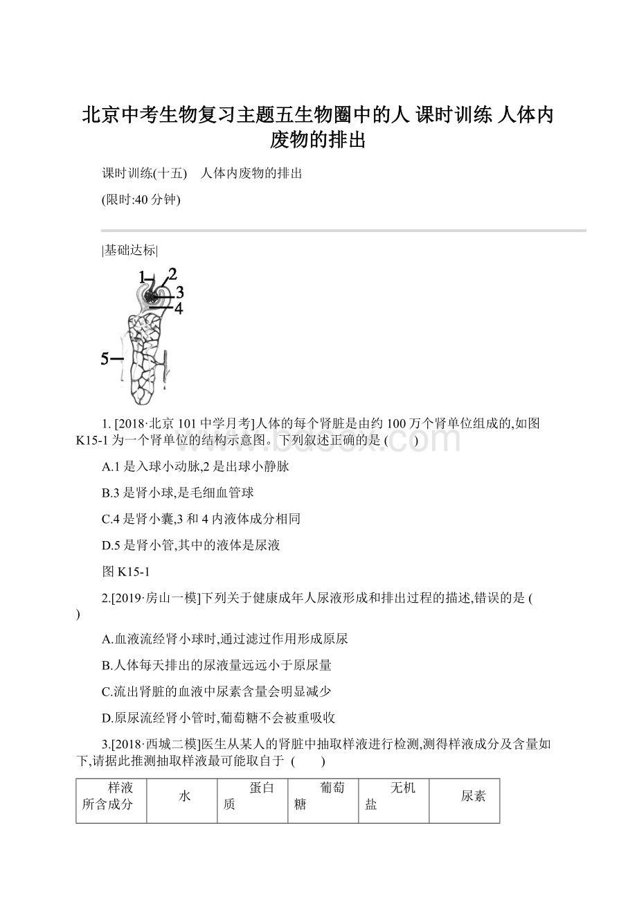 北京中考生物复习主题五生物圈中的人 课时训练 人体内废物的排出.docx