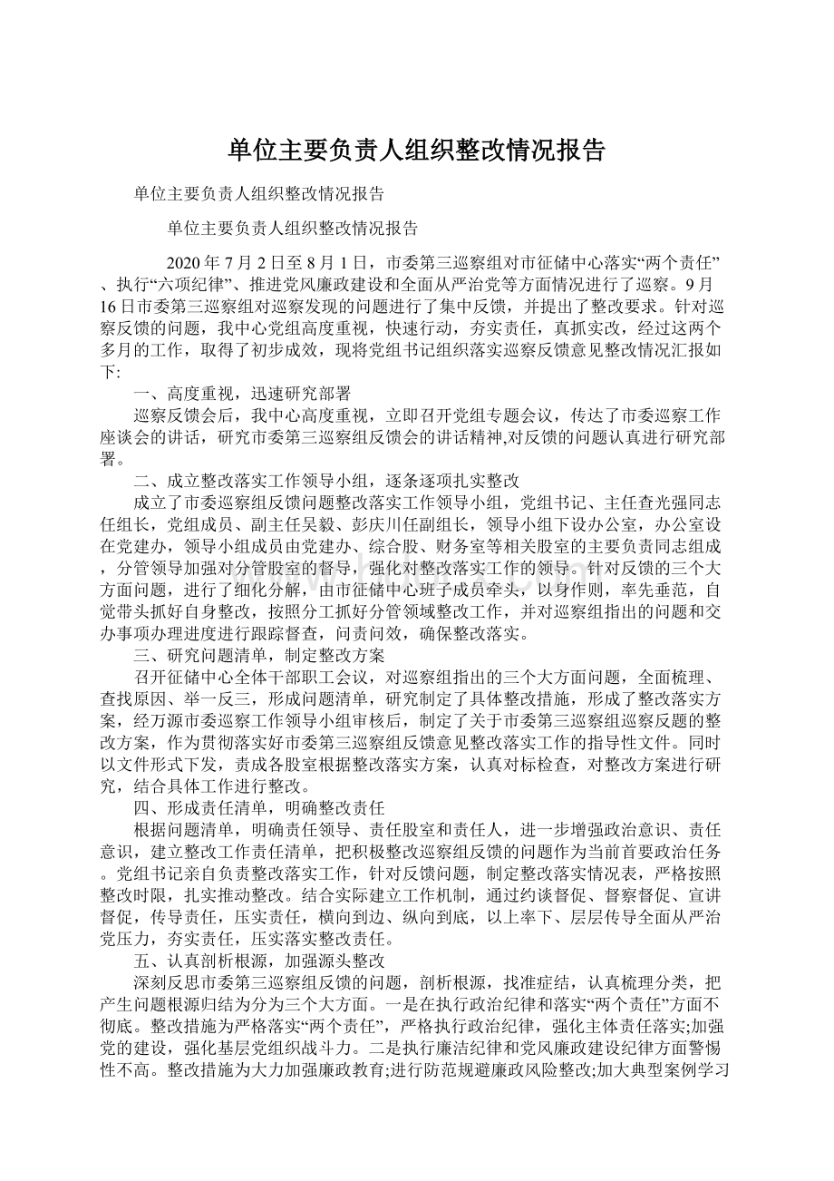 单位主要负责人组织整改情况报告Word文档下载推荐.docx_第1页