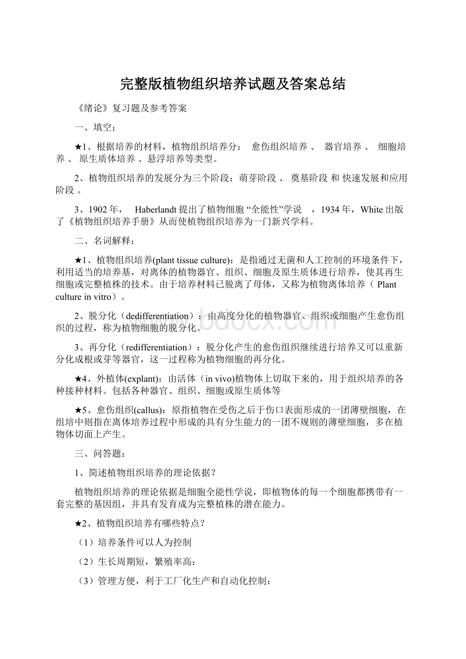 完整版植物组织培养试题及答案总结.docx_第1页