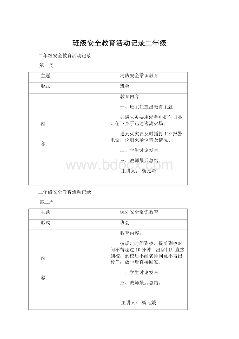 班级安全教育活动记录二年级文档格式.docx