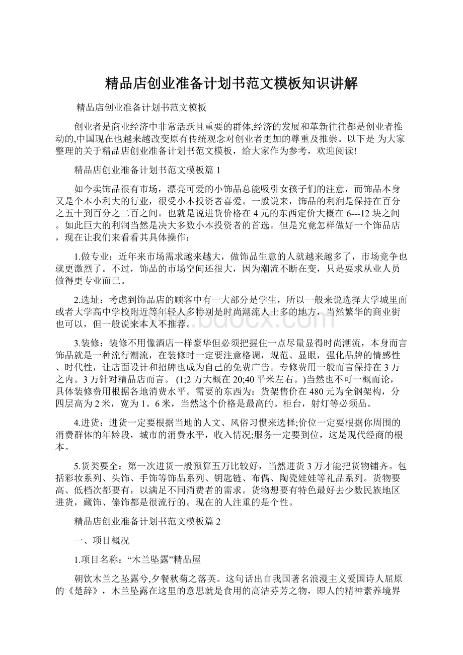 精品店创业准备计划书范文模板知识讲解Word格式.docx_第1页