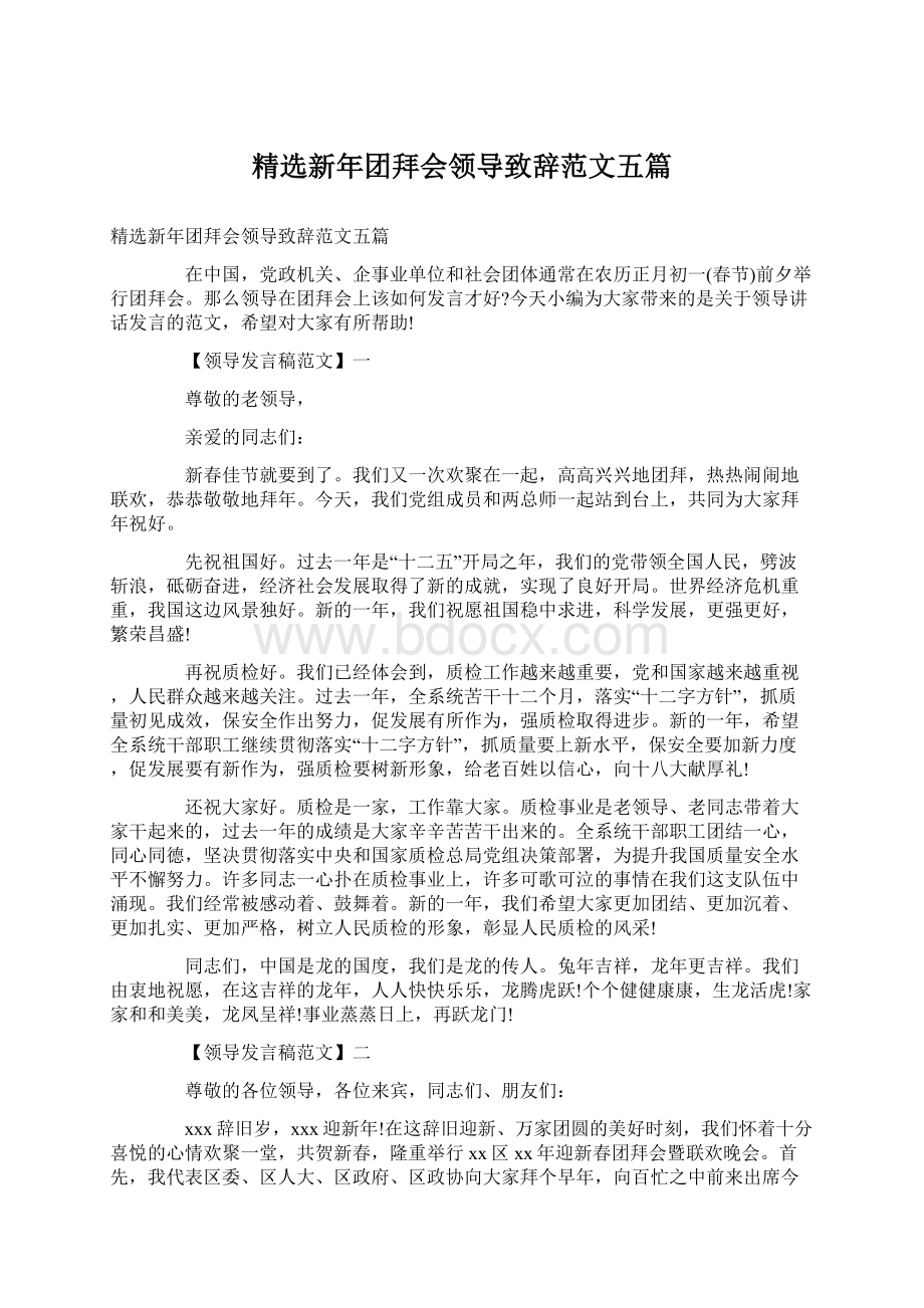 精选新年团拜会领导致辞范文五篇.docx