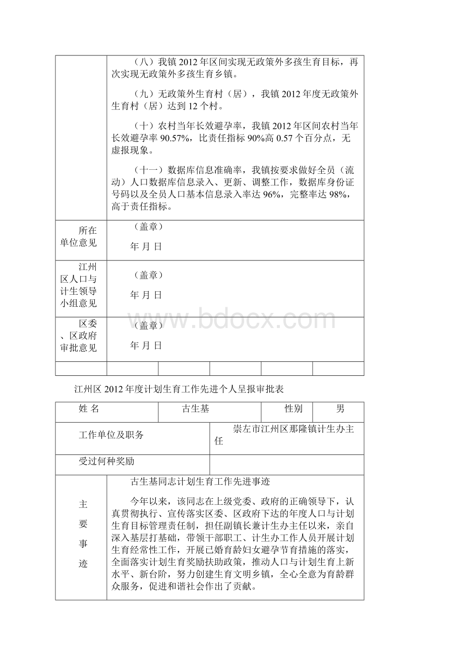 江州区度计划生育工作先进个人呈报审批表推荐文档Word文件下载.docx_第2页