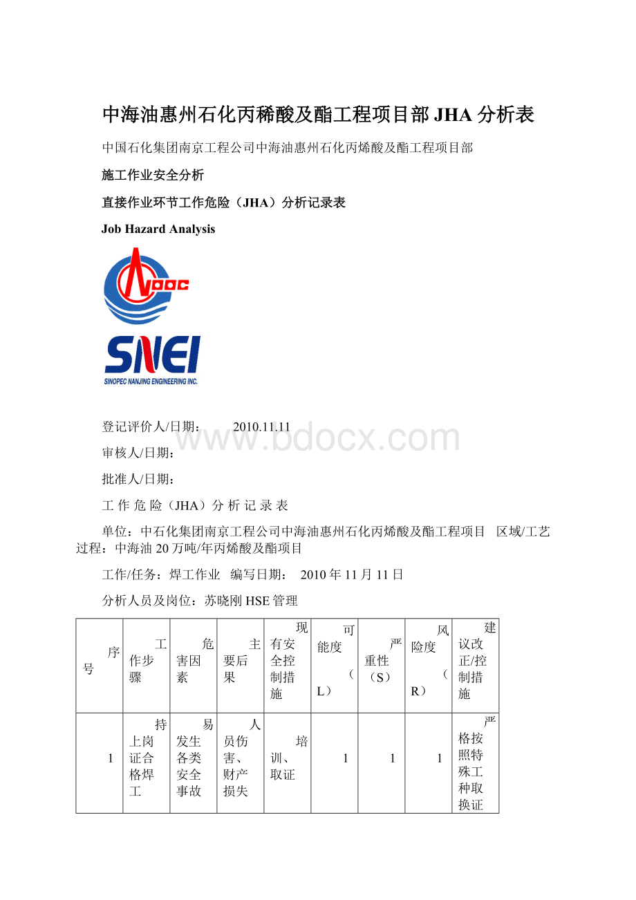 中海油惠州石化丙稀酸及酯工程项目部JHA分析表Word文档格式.docx