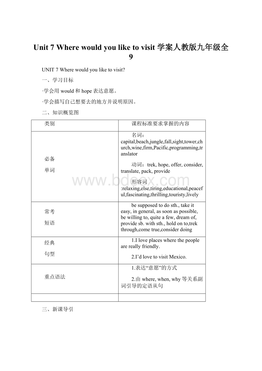 Unit 7 Where would you like to visit 学案人教版九年级全 9.docx_第1页