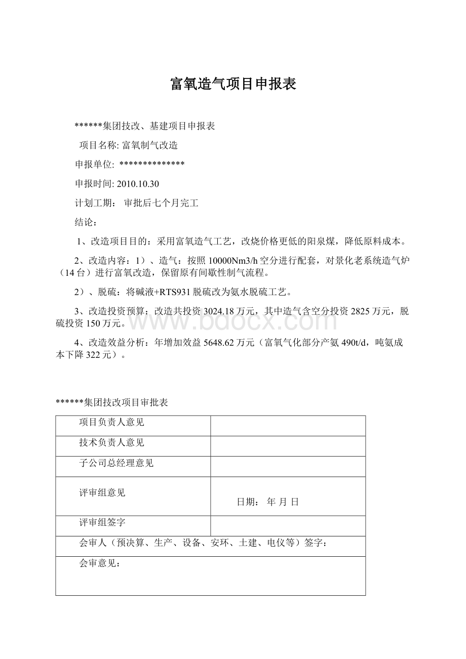 富氧造气项目申报表Word文档下载推荐.docx