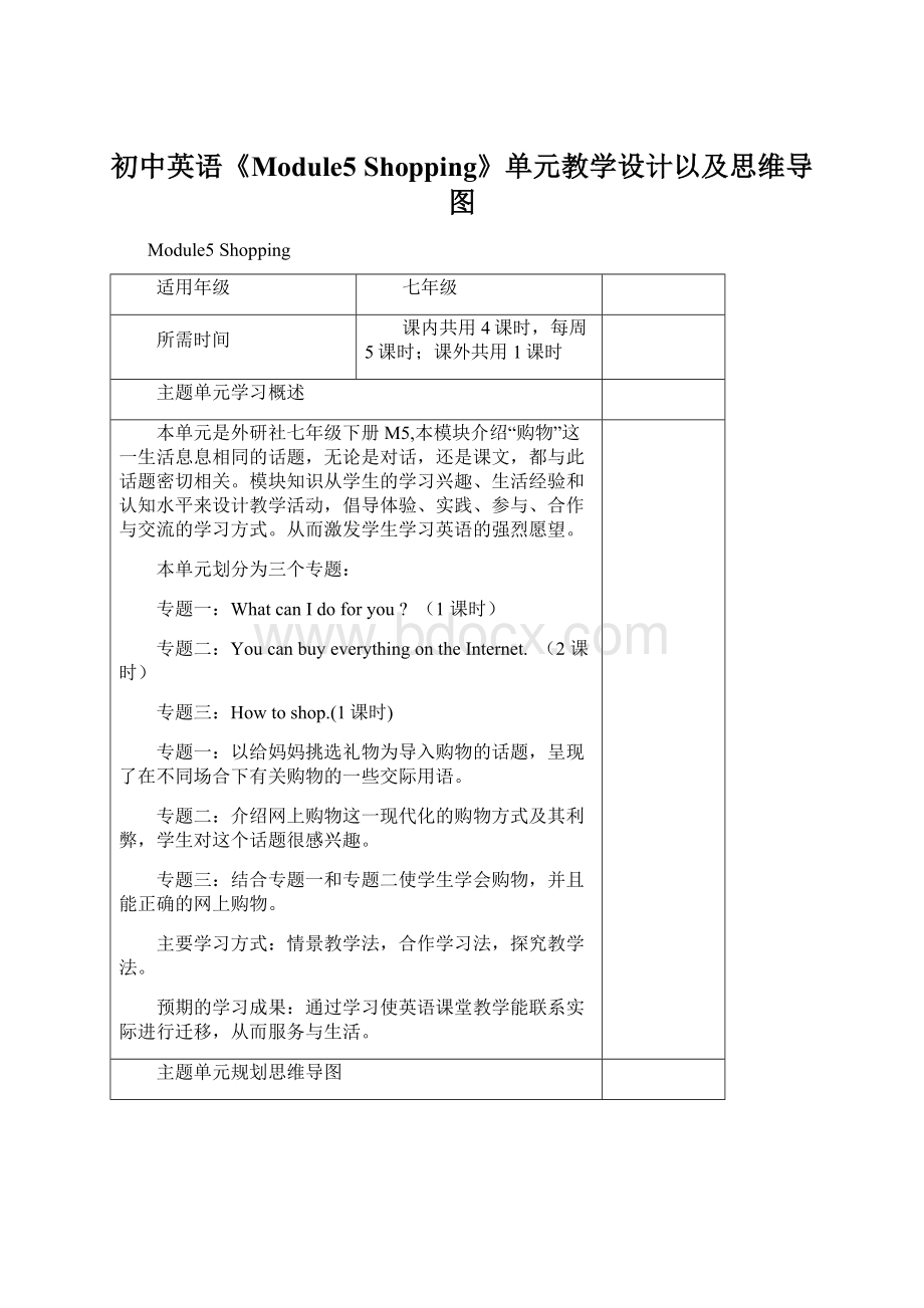 初中英语《Module5 Shopping》单元教学设计以及思维导图.docx