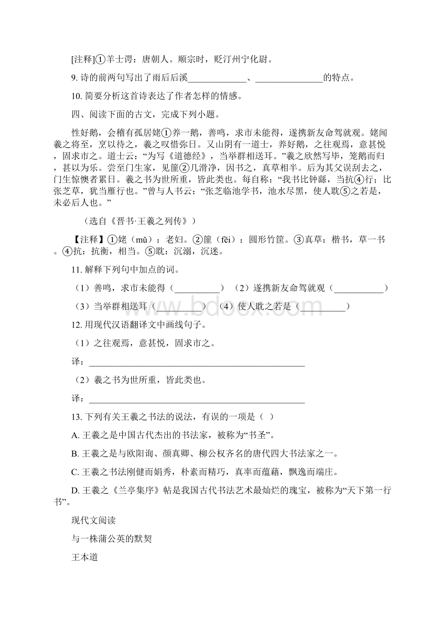 成都市实验外国语学校新初一分班摸底语文模拟试题5套带答案.docx_第3页