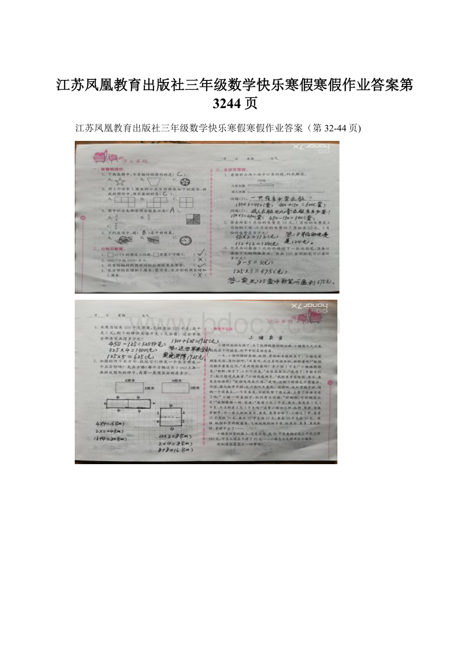 江苏凤凰教育出版社三年级数学快乐寒假寒假作业答案第3244页.docx_第1页