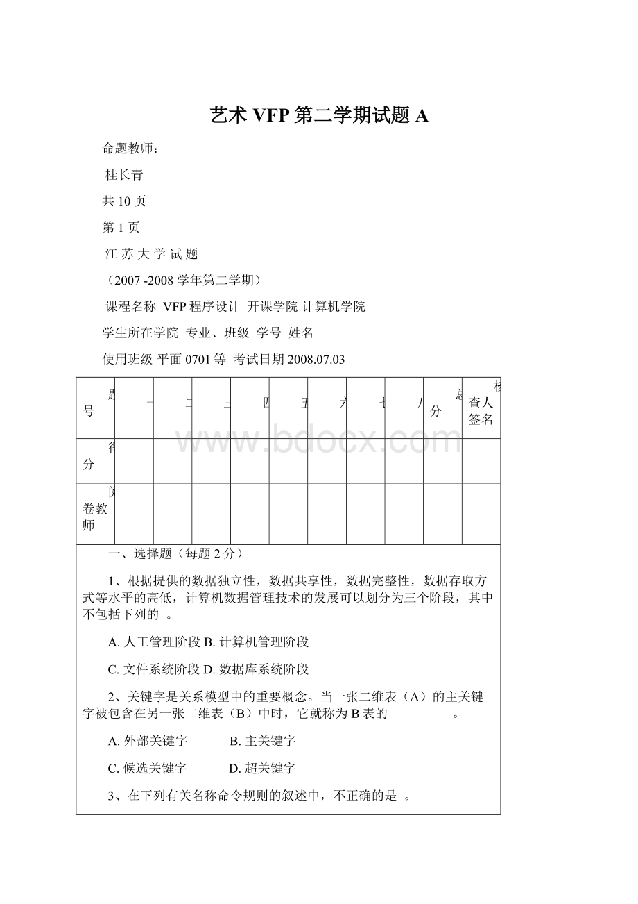 艺术VFP第二学期试题A.docx_第1页