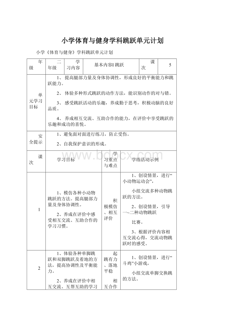 小学体育与健身学科跳跃单元计划Word文档下载推荐.docx