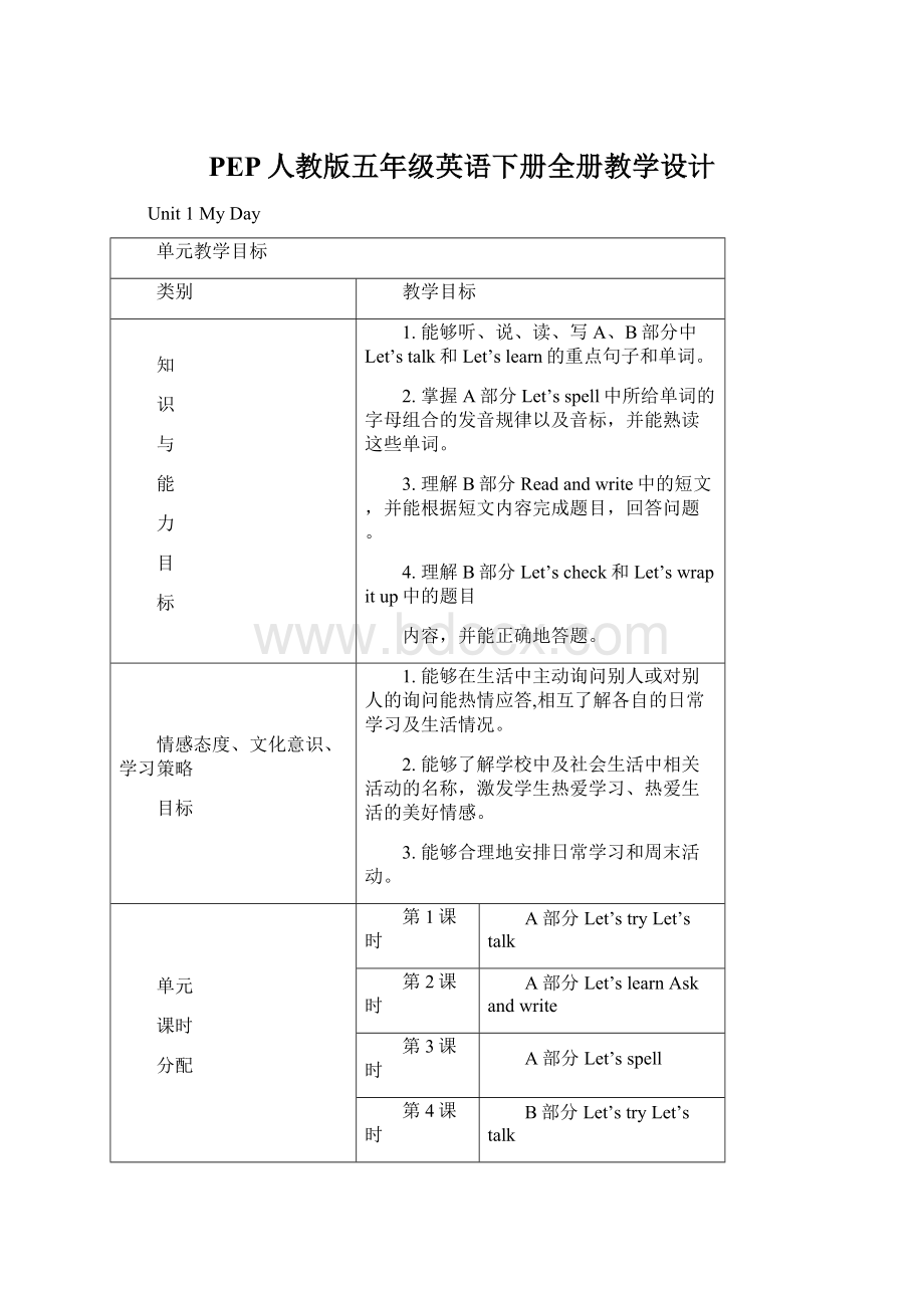 PEP人教版五年级英语下册全册教学设计Word下载.docx_第1页