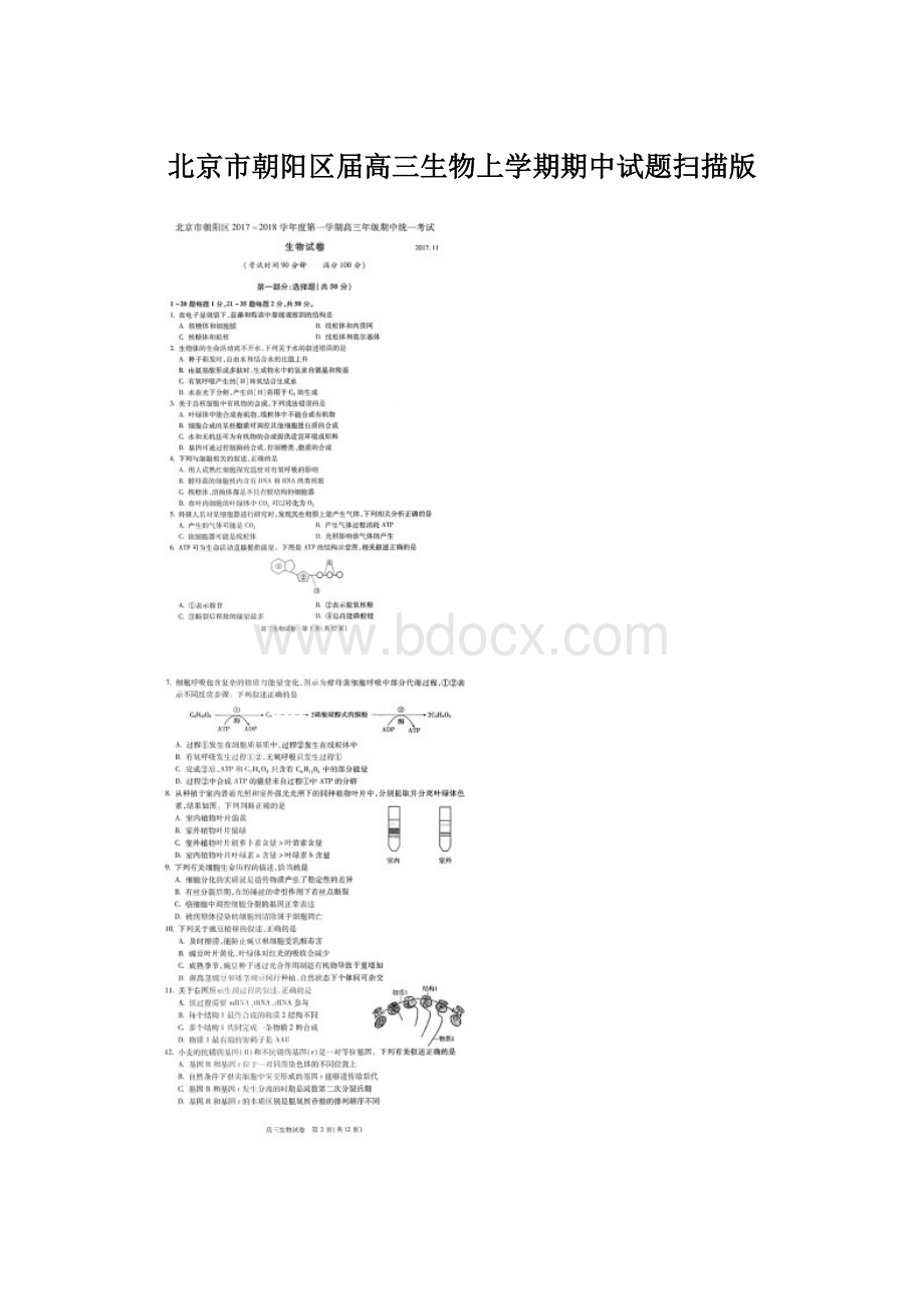 北京市朝阳区届高三生物上学期期中试题扫描版.docx_第1页