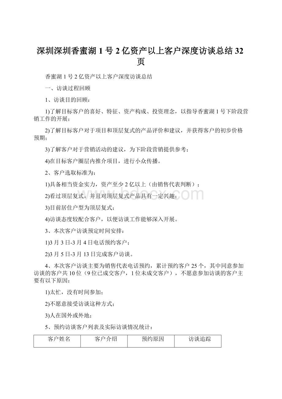 深圳深圳香蜜湖1号2亿资产以上客户深度访谈总结32页文档格式.docx