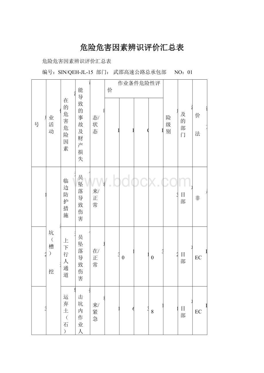 危险危害因素辨识评价汇总表文档格式.docx