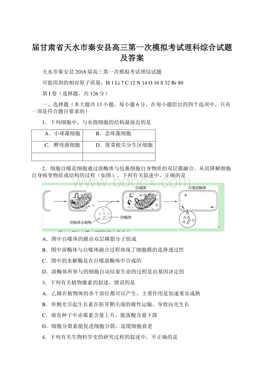 届甘肃省天水市秦安县高三第一次模拟考试理科综合试题及答案.docx