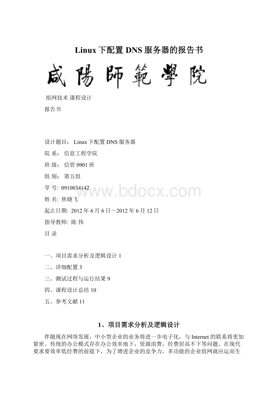 Linux下配置DNS服务器的报告书文档格式.docx