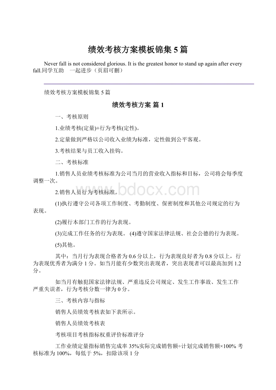 绩效考核方案模板锦集5篇Word格式.docx_第1页