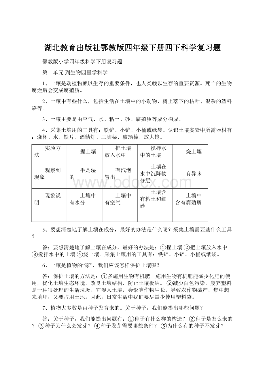 湖北教育出版社鄂教版四年级下册四下科学复习题Word文档格式.docx_第1页