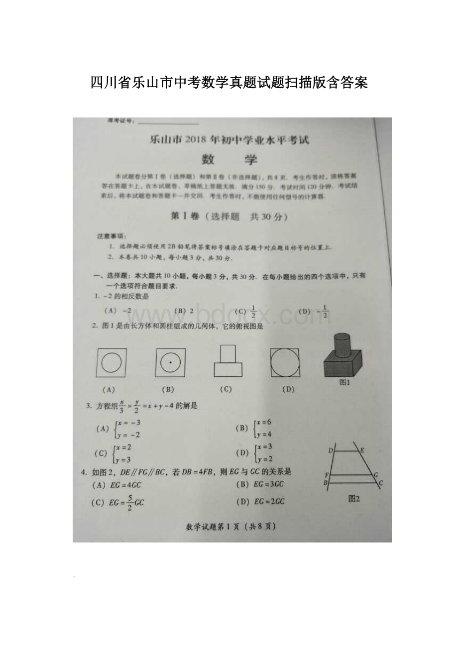 四川省乐山市中考数学真题试题扫描版含答案.docx_第1页