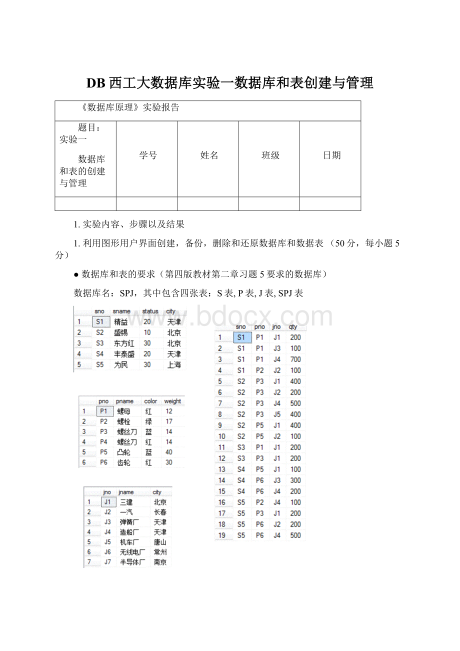 DB西工大数据库实验一数据库和表创建与管理.docx