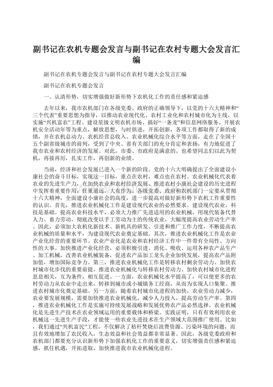 副书记在农机专题会发言与副书记在农村专题大会发言汇编Word文档格式.docx