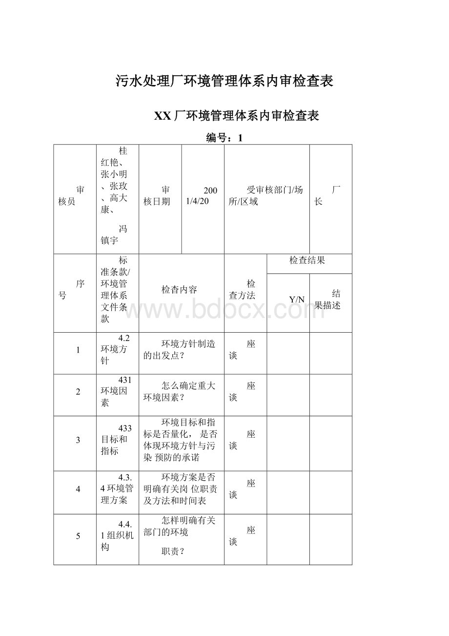 污水处理厂环境管理体系内审检查表文档格式.docx