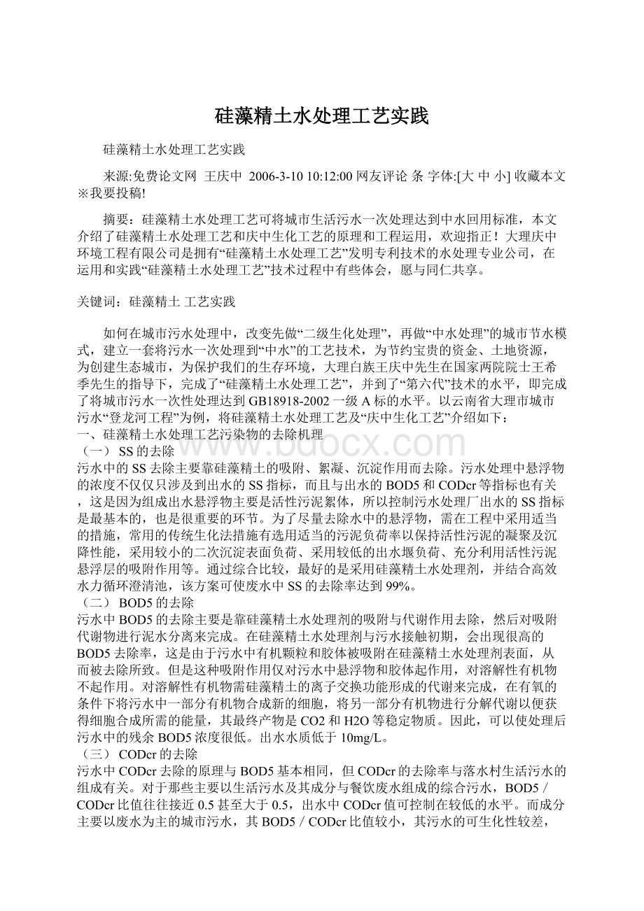 硅藻精土水处理工艺实践.docx_第1页