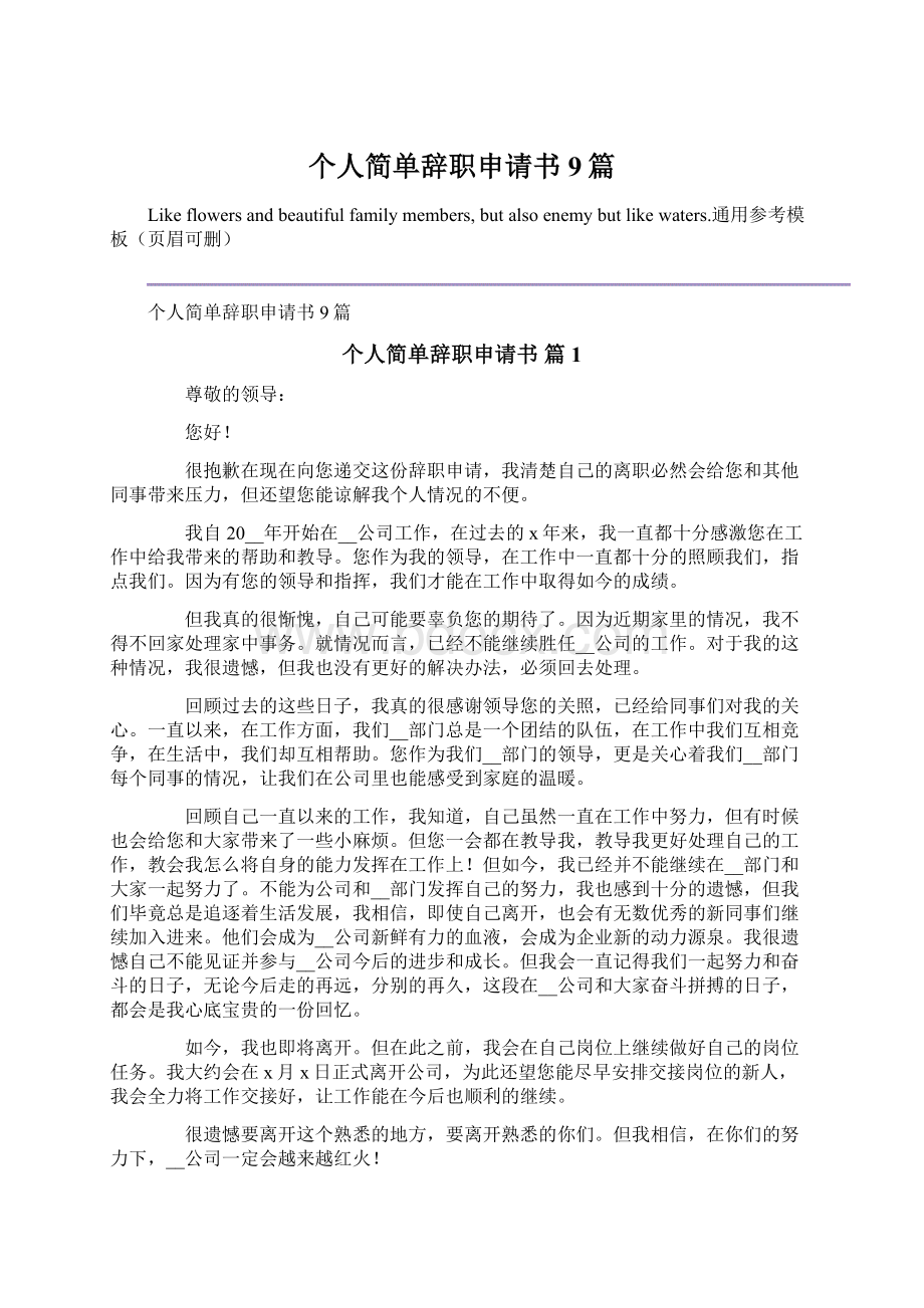 个人简单辞职申请书9篇Word下载.docx