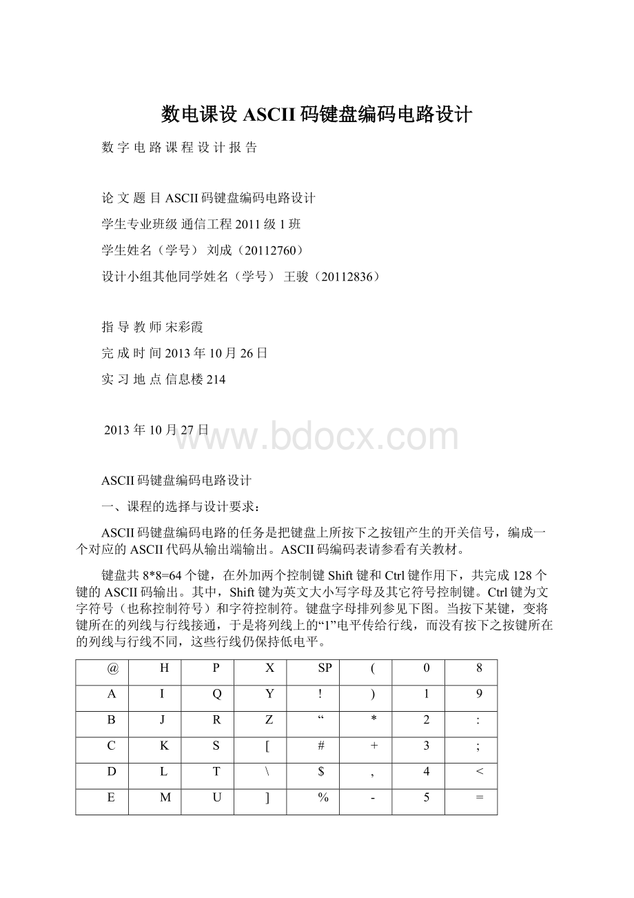 数电课设ASCII码键盘编码电路设计Word格式文档下载.docx