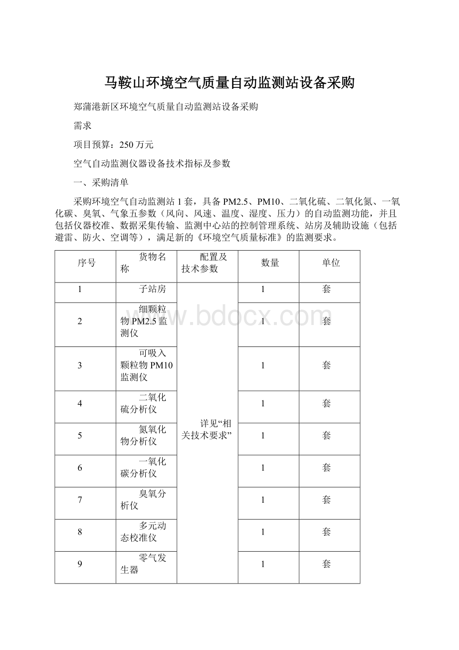 马鞍山环境空气质量自动监测站设备采购Word下载.docx