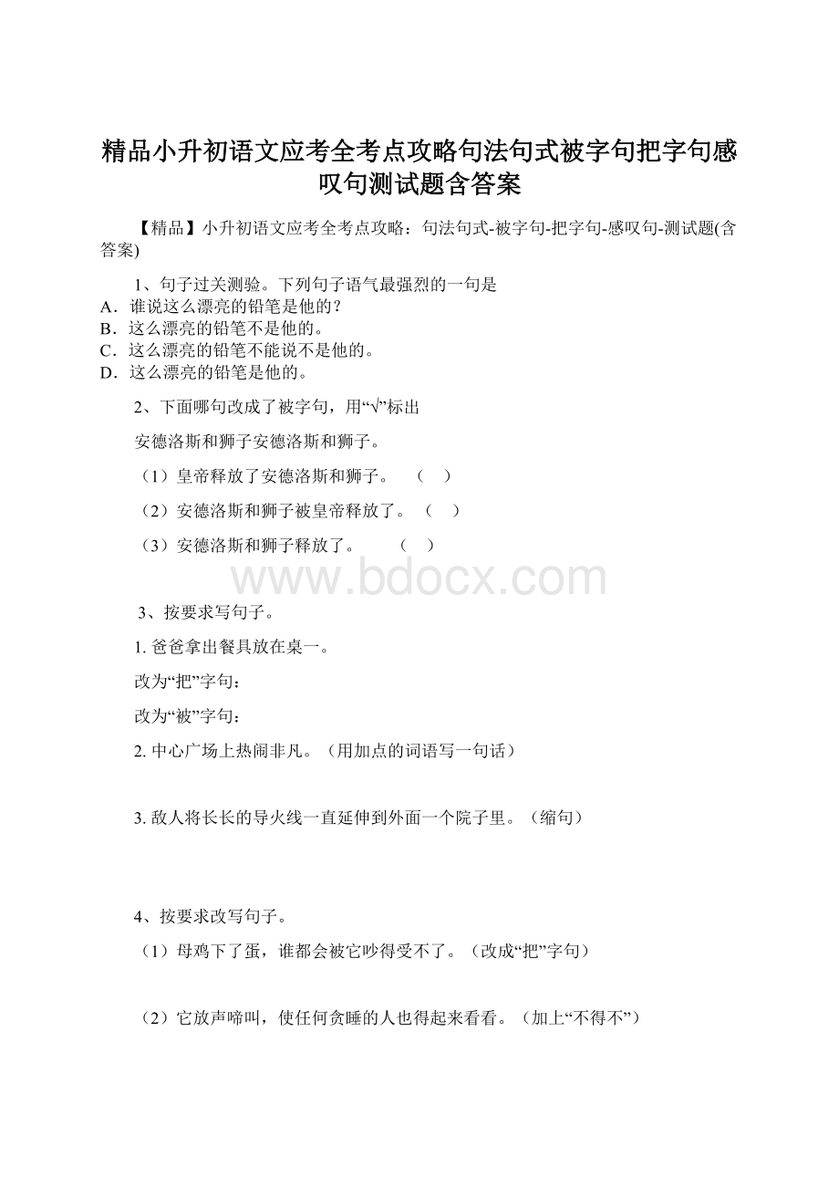 精品小升初语文应考全考点攻略句法句式被字句把字句感叹句测试题含答案Word格式文档下载.docx_第1页