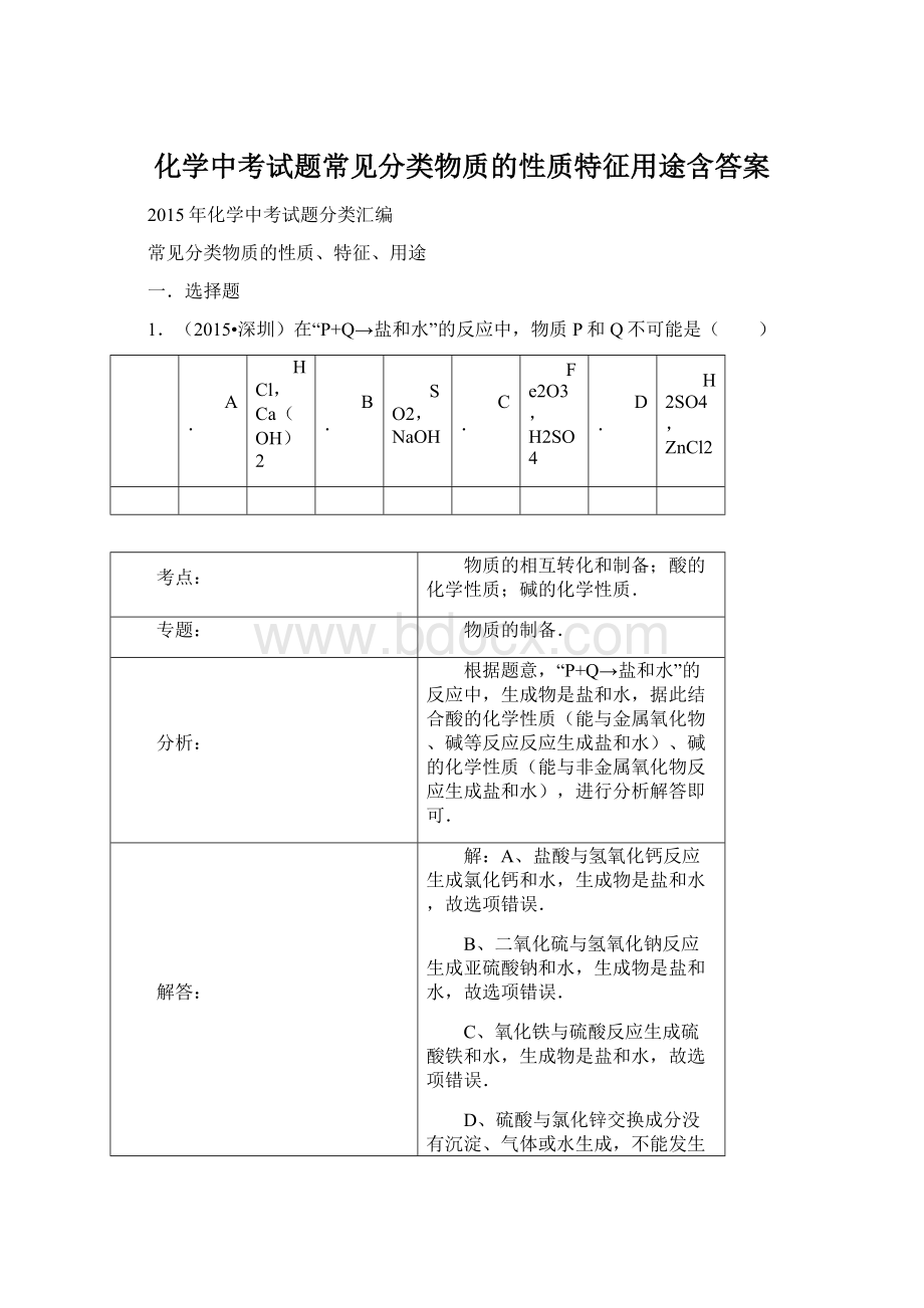 化学中考试题常见分类物质的性质特征用途含答案Word格式.docx