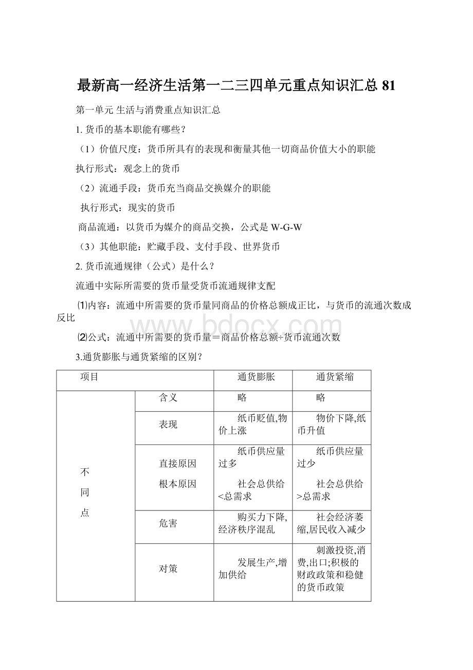 最新高一经济生活第一二三四单元重点知识汇总81Word格式.docx