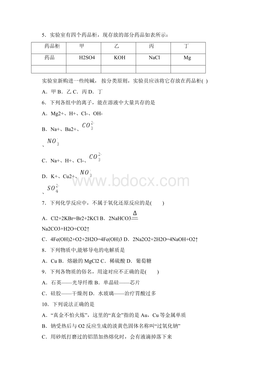 广东省东莞市学年高一上学期期末考试化学试题Word下载.docx_第2页