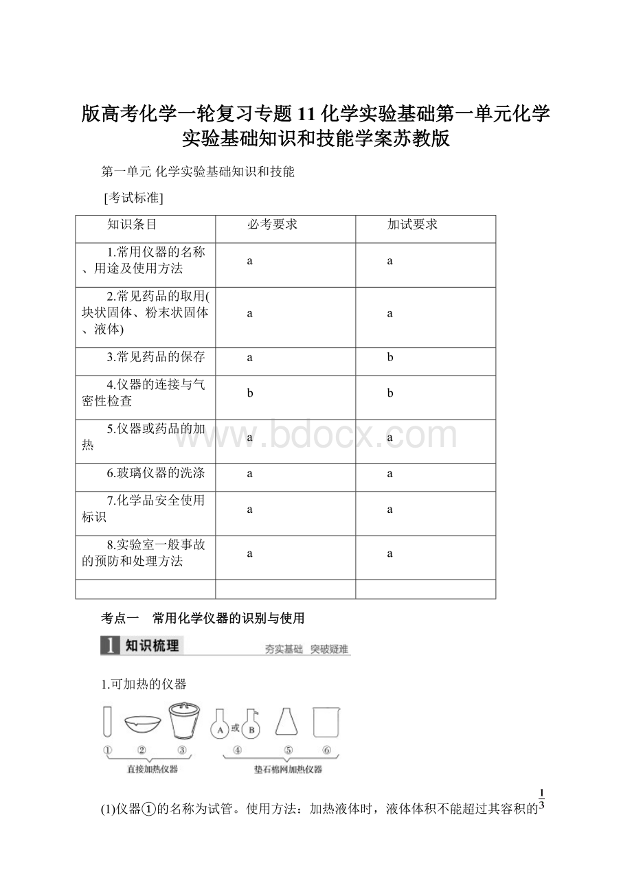 版高考化学一轮复习专题11化学实验基础第一单元化学实验基础知识和技能学案苏教版.docx_第1页