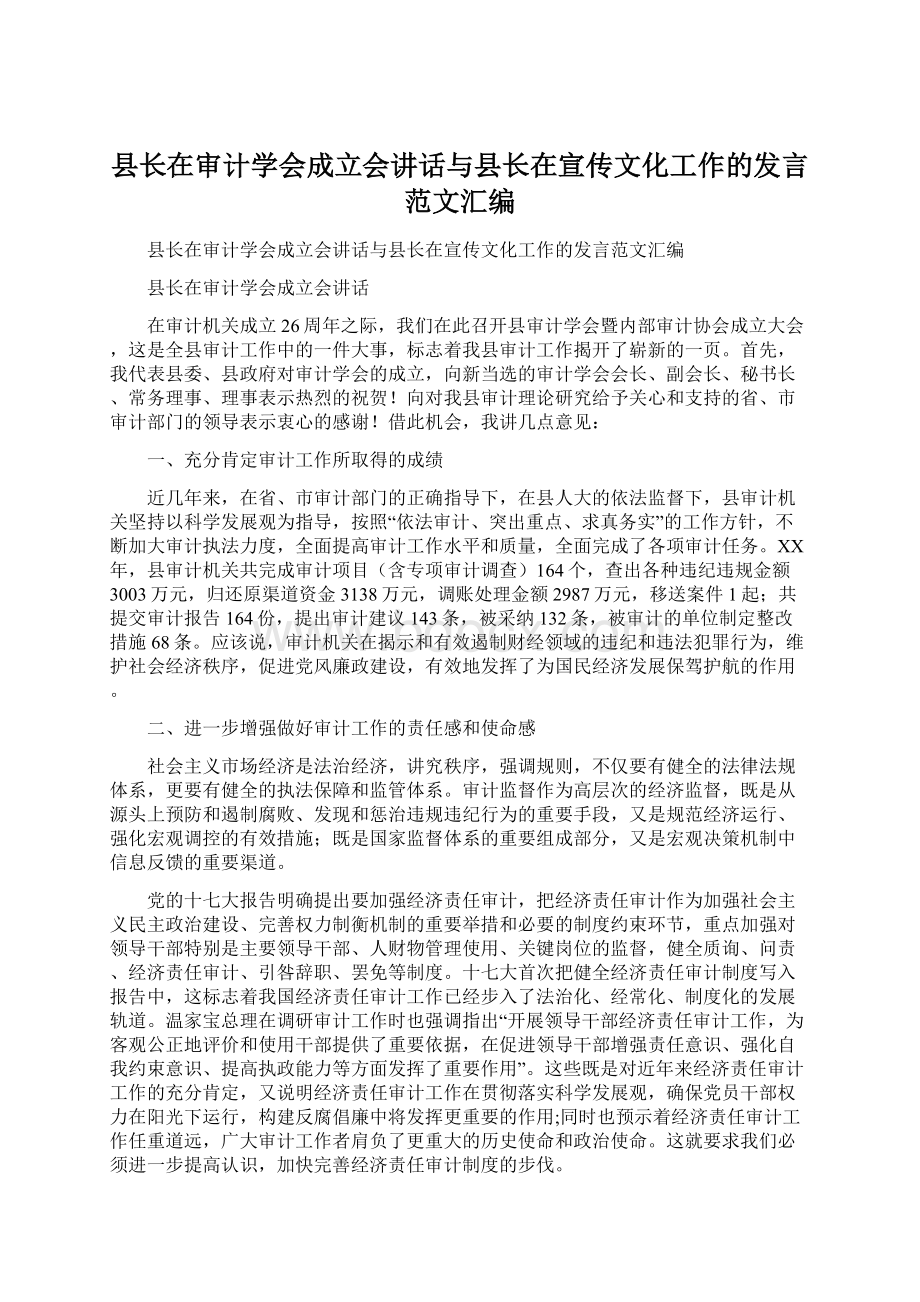 县长在审计学会成立会讲话与县长在宣传文化工作的发言范文汇编Word文档格式.docx_第1页