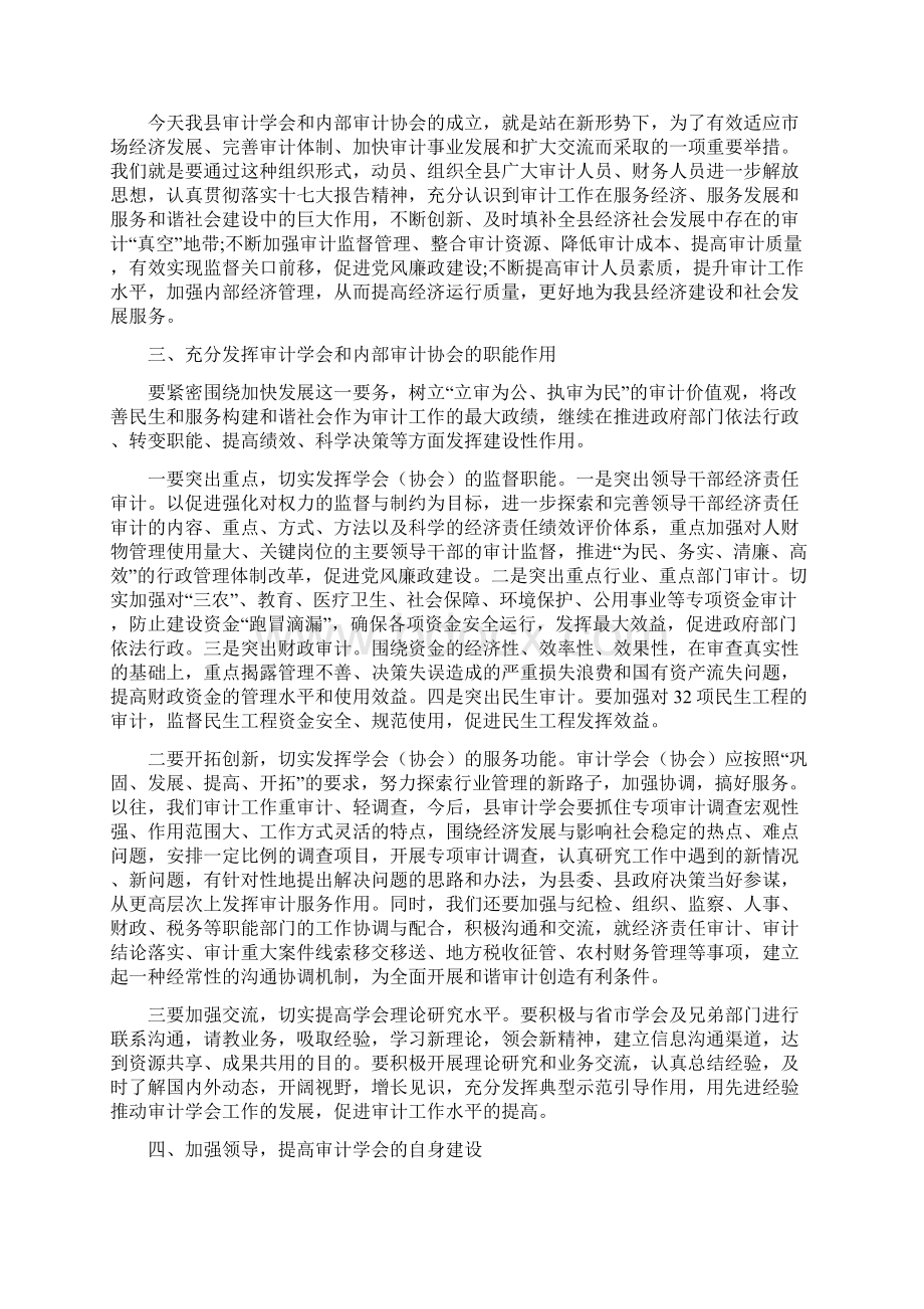 县长在审计学会成立会讲话与县长在宣传文化工作的发言范文汇编Word文档格式.docx_第2页