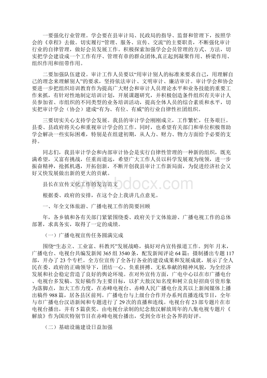 县长在审计学会成立会讲话与县长在宣传文化工作的发言范文汇编Word文档格式.docx_第3页