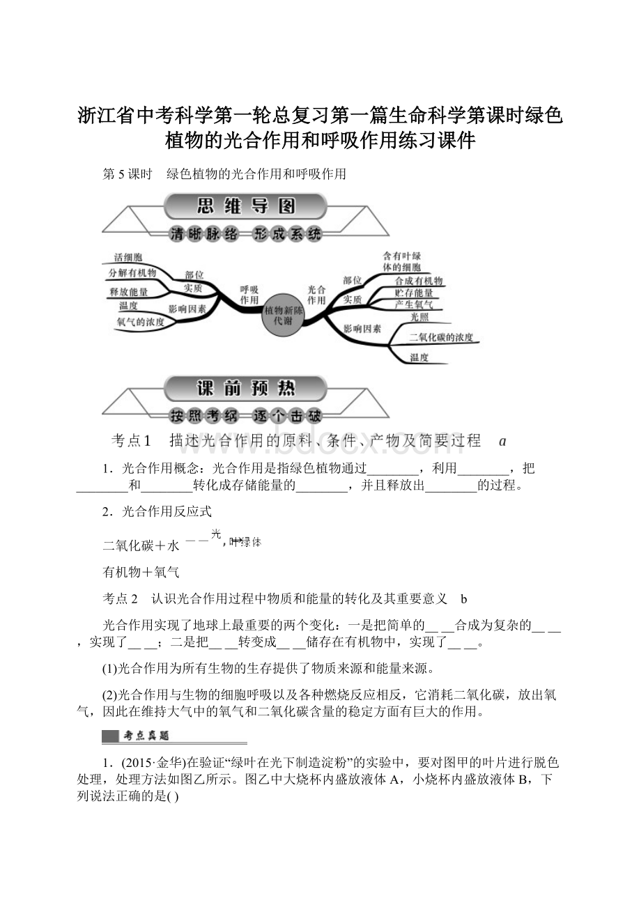 浙江省中考科学第一轮总复习第一篇生命科学第课时绿色植物的光合作用和呼吸作用练习课件文档格式.docx_第1页