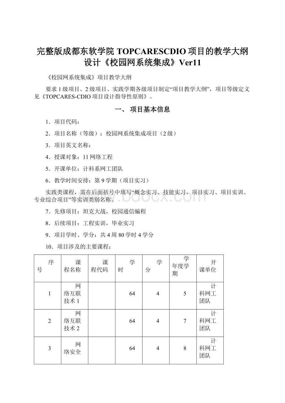 完整版成都东软学院TOPCARESCDIO项目的教学大纲设计《校园网系统集成》Ver11.docx_第1页