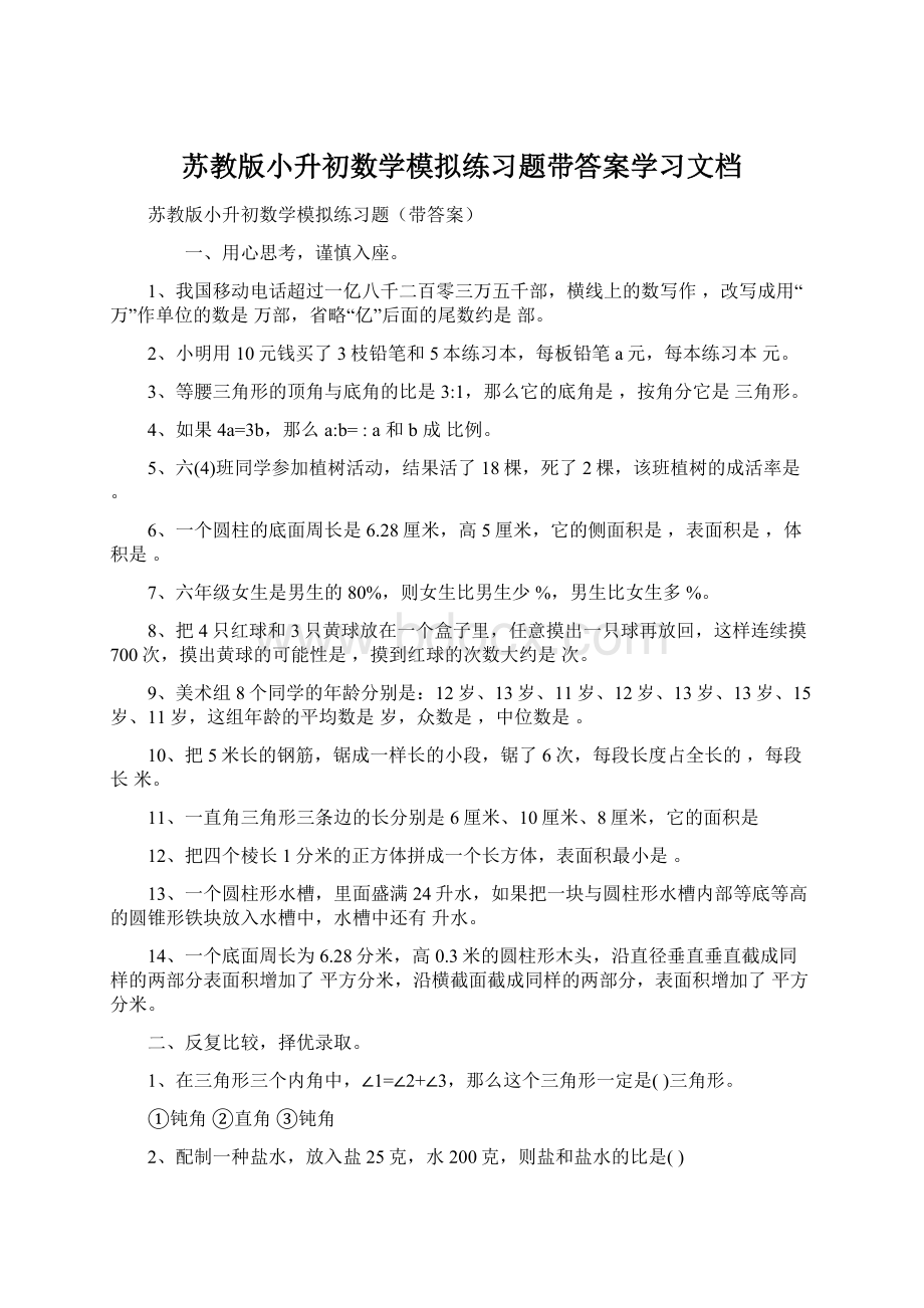 苏教版小升初数学模拟练习题带答案学习文档.docx_第1页