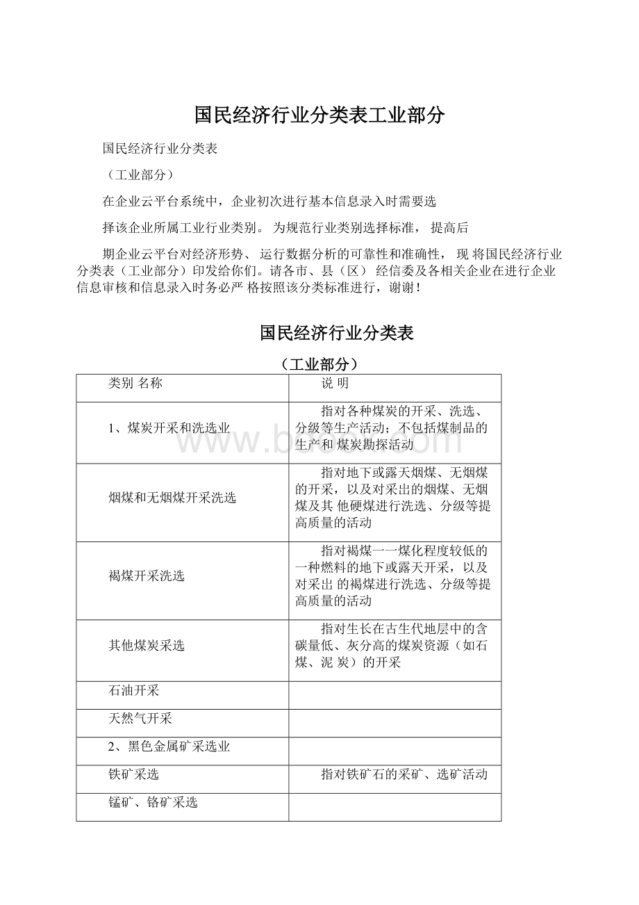 国民经济行业分类表工业部分Word格式文档下载.docx