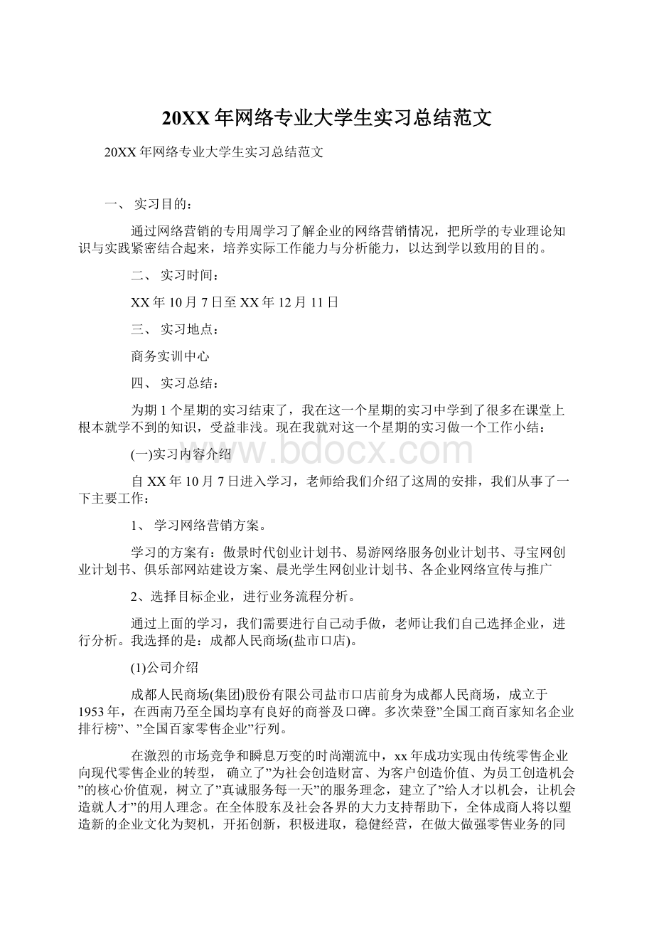 20XX年网络专业大学生实习总结范文.docx_第1页