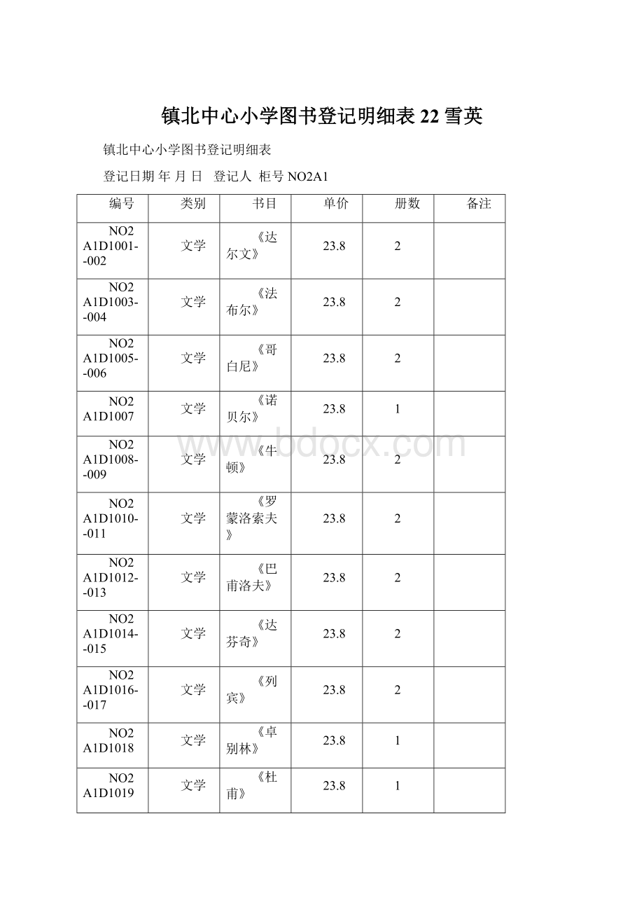 镇北中心小学图书登记明细表22雪英Word下载.docx