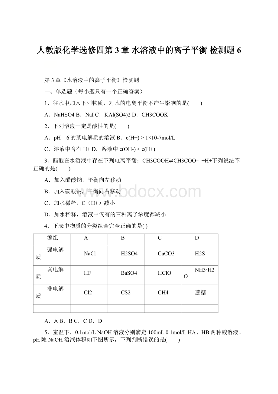 人教版化学选修四第3章 水溶液中的离子平衡 检测题6Word下载.docx