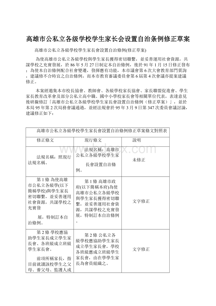 高雄市公私立各级学校学生家长会设置自治条例修正草案Word文件下载.docx_第1页