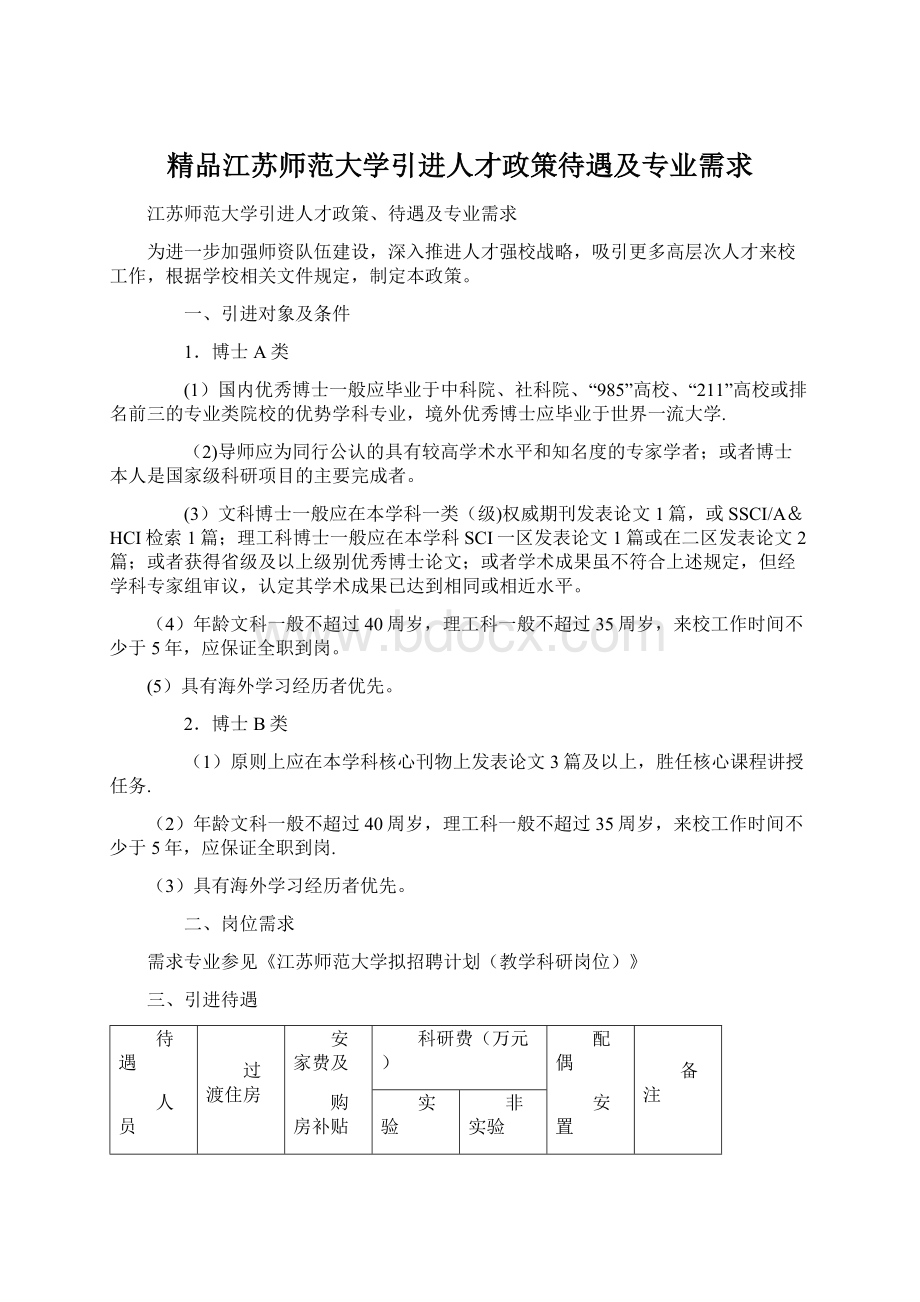 精品江苏师范大学引进人才政策待遇及专业需求Word文档下载推荐.docx